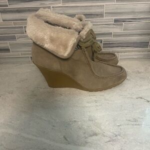 White Mountain Suede Wedge Boots with Fur Trim